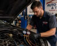 Car AC repair technician servicing vehicle AC system in Sugar Land, TX
