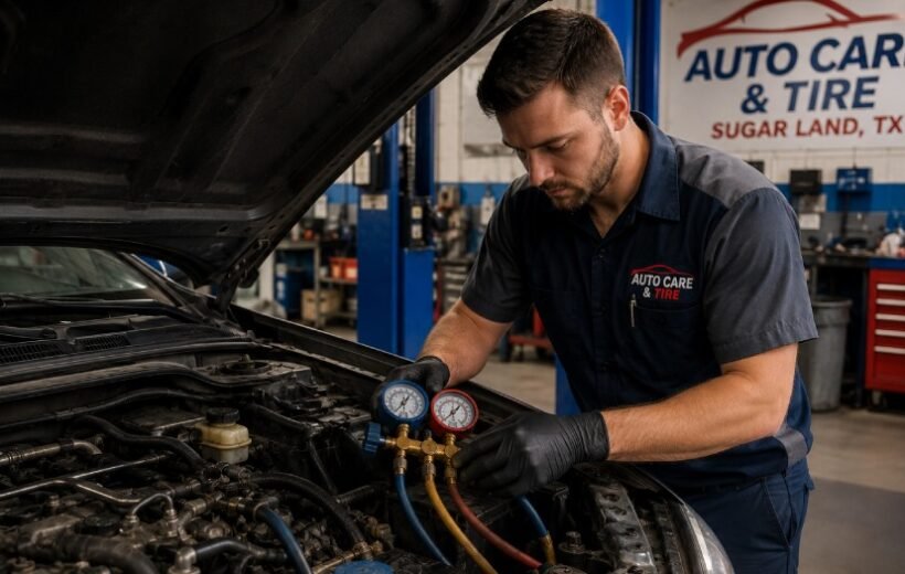 Car AC repair technician servicing vehicle AC system in Sugar Land, TX