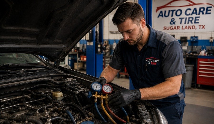 Car AC repair technician servicing vehicle AC system in Sugar Land, TX