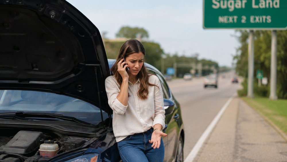 Car breakdown help in Sugar Land TX with driver checking vehicle