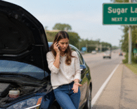 Car breakdown help in Sugar Land TX with driver checking vehicle