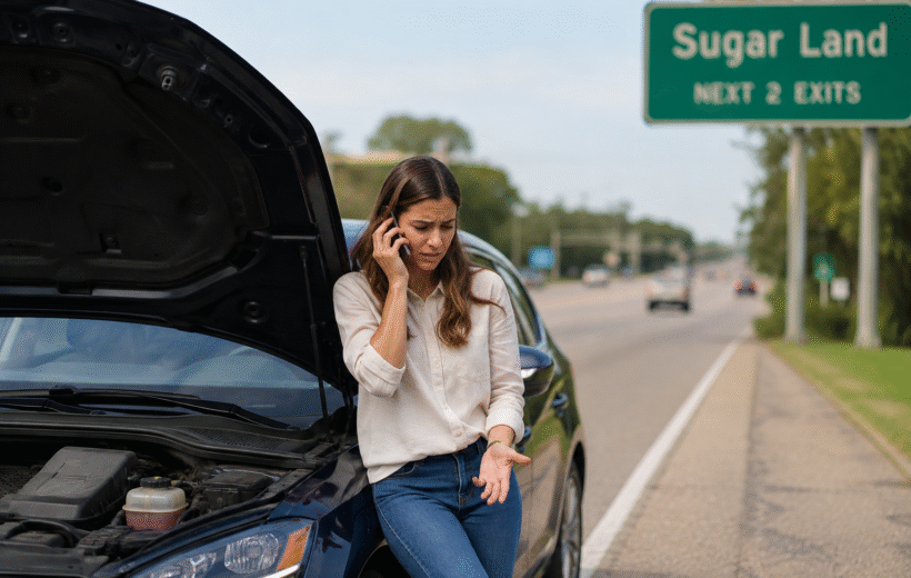 Car breakdown help in Sugar Land TX with driver checking vehicle